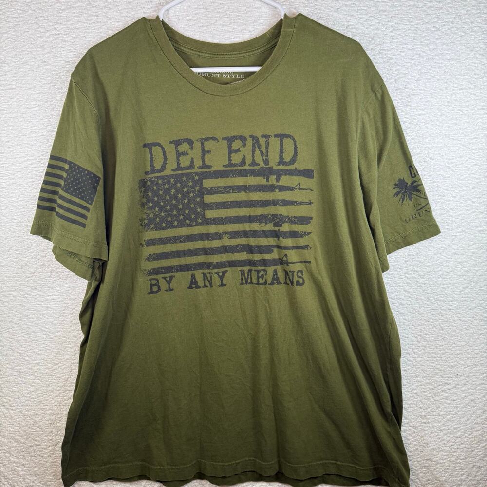 Grunt Style Shirt Mens XXL Green Short Sleeve Defend Flag Graphic Tee USA